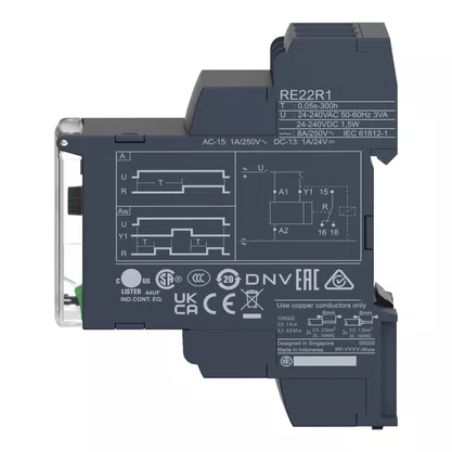 RE22R1AMR - RELÉ TEMPORIZADOR MODULAR 8A 1NAF 0 05S 300H FUNÇÃO DUPLA ATRASO NA ENERGIZAÇÃO 24 240VCA CC SCHNEIDER