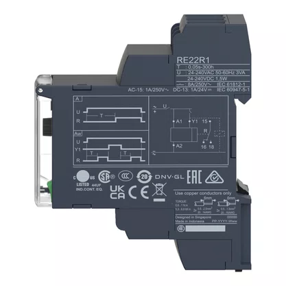 RE22R1AMR - RELÉ TEMPORIZADOR MODULAR 8A 1NAF 0 05S 300H FUNÇÃO DUPLA ATRASO NA ENERGIZAÇÃO 24 240VCA CC SCHNEIDER