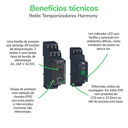 RE22R1AMR - RELÉ TEMPORIZADOR MODULAR 8A 1NAF 0 05S 300H FUNÇÃO DUPLA ATRASO NA ENERGIZAÇÃO 24 240VCA CC SCHNEIDER