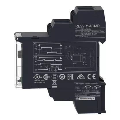 RE22R1CMR - RELÉ TEMPORIZADOR MODULAR 8A 1NAF 0 05S 300H FUNÇÃO DUPLA ATRASO NA DESENERGIZAÇÃO 24 240VCA CC SCHNEIDER