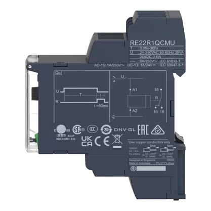RE22R1KMR - RELÉ TEMPORIZADOR MODULAR 5A 1NAF 0 05S 10MIN ATRASO NA DESENERGIZAÇÃO SEM ALIMENTAÇÃO AUXILIAR 24 240VCA CC SCHNEIDER
