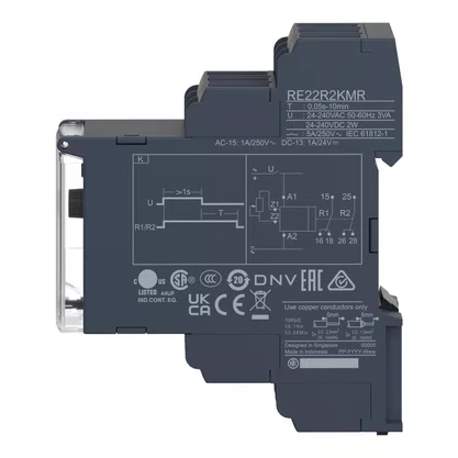 RE22R2KMR - RELÉ TEMPORIZADOR MODULAR 5A 2NAF 0 05S 300H ATRASO NA DESENERGIZAÇÃO SEM ALIMENTAÇÃO AUXILIAR 24 240VCA CC SCHNEIDER
