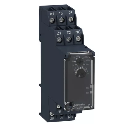 RE22R2KMR - RELÉ TEMPORIZADOR MODULAR 5A 2NAF 0 05S 300H ATRASO NA DESENERGIZAÇÃO SEM ALIMENTAÇÃO AUXILIAR 24 240VCA CC SCHNEIDER