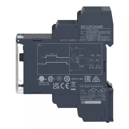 RE22R2KMR - RELÉ TEMPORIZADOR MODULAR 5A 2NAF 0 05S 300H ATRASO NA DESENERGIZAÇÃO SEM ALIMENTAÇÃO AUXILIAR 24 240VCA CC SCHNEIDER