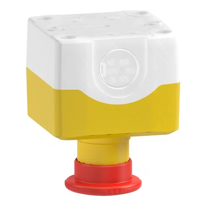XALK178G - BOTOEIRA DE COMANDO Ø22MM PLÁSTICA AMARELA BOTÃO DE EMERGÊNCIA VERMELHO GIRAR PARA DESTRAVAR 2NA NF