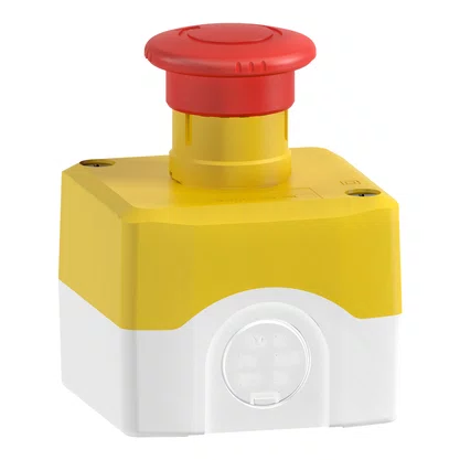 XALK178G - BOTOEIRA DE COMANDO Ø22MM PLÁSTICA AMARELA BOTÃO DE EMERGÊNCIA VERMELHO GIRAR PARA DESTRAVAR 2NA NF