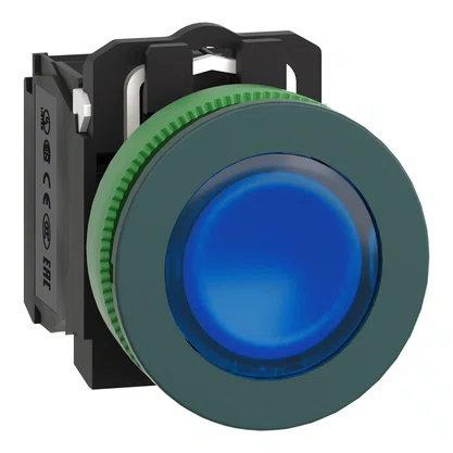 XB5FW36B5 - BOTÃO ANTIMICROBIANO LUMINOSO FACEADO Ø30MM PLÁSTICO RETORNO POR MOLA AZUL NA NF 24VCA CC