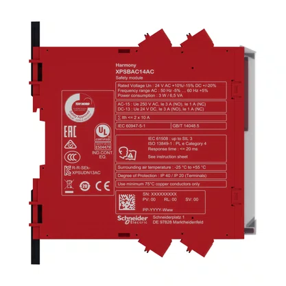 XPSBAC14AC - RELÉ DE SEGURANÇA CAT. 4 5 LEDS PL E SILCL 3 2 CANAIS DE ENTRADA 6 SAÍDAS (4 NO/1 NC) CONECTOR MOLA 24 VAC/DC