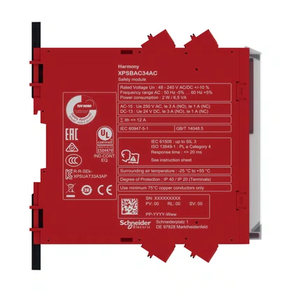 XPSBAC34AC - RELÉ DE SEGURANÇA CAT. 4 5 LEDS PL E SILCL 3 2 CANAIS DE ENTRADA 6 SAÍDAS (4 NO/1 NC) CONECTOR MOLA 48/240 VAC/DC
