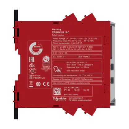XPSUVN11AC - RELÉ DE SEGURANÇA CAT. 3 5 LEDS PL E SILCL 3 3 CANAIS DE ENTRADA 1 SAÍDA NO CONECTOR MOLA 24 VAC/DC