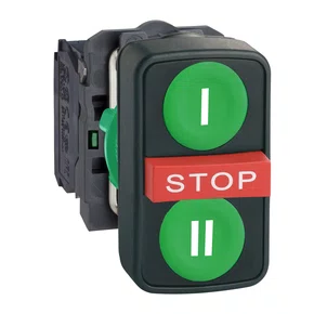 XB5AA731327 - BOTÃO TRIPLO Ø22MM PLÁSTICO RETORNO POR MOLA VERDE "I" VERMELHO SALIENTE "STOP" VERDE "II" 2NA NF