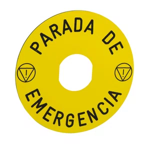 ZBY8430 - ETIQUETA CIRCULAR PLÁSTICA AMARELA Ø90MM PARA PARADA DE EMERGÊNCIA "PARADA DE EMERGÊNCIA"